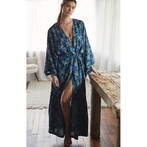 Anthropologie Long Sleeve Blue Floral Kimono Robe M/L